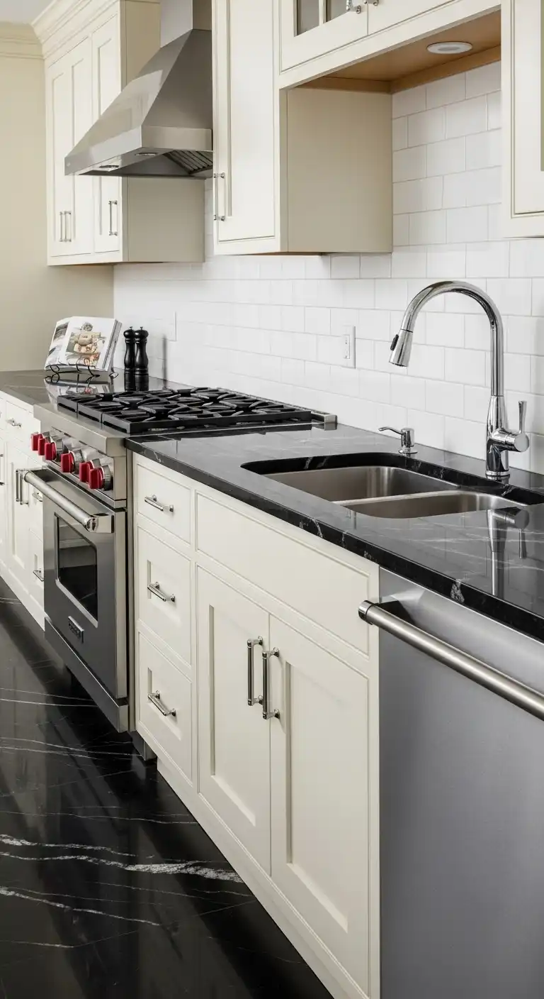 4) Cream Cabinets with Black Granite Countertops
