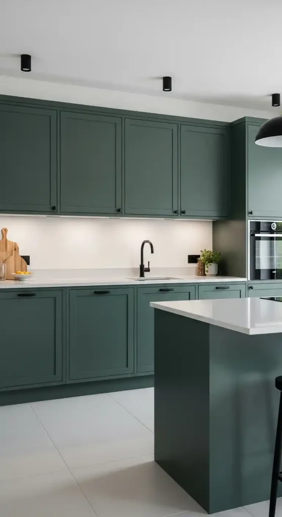 4. Matte Dark Green Kitchen Cabinets with Black Fixtures