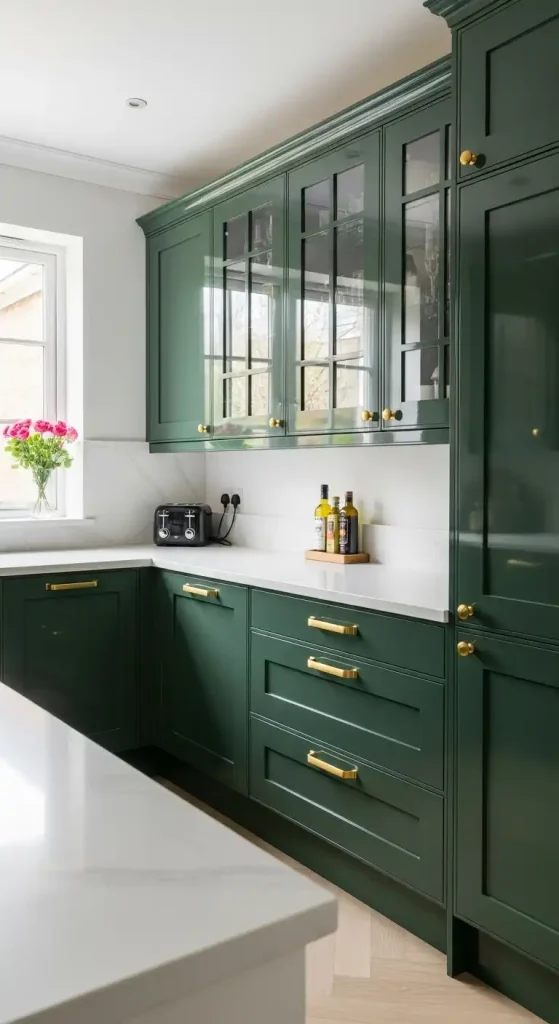 5. Glossy Dark Green Kitchen Cabinets with Gold Handles