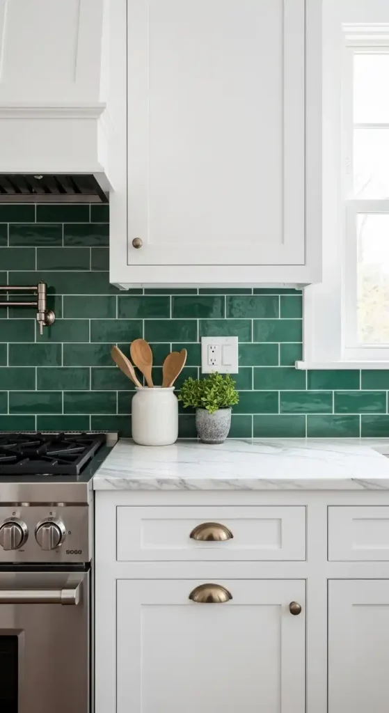 6. Deep Green Backsplash Tiles with White Marble Counters