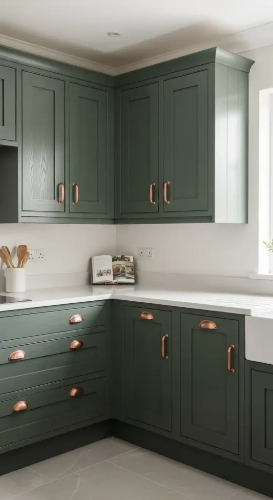 8. Dark Green Shaker Cabinets with Copper Accents