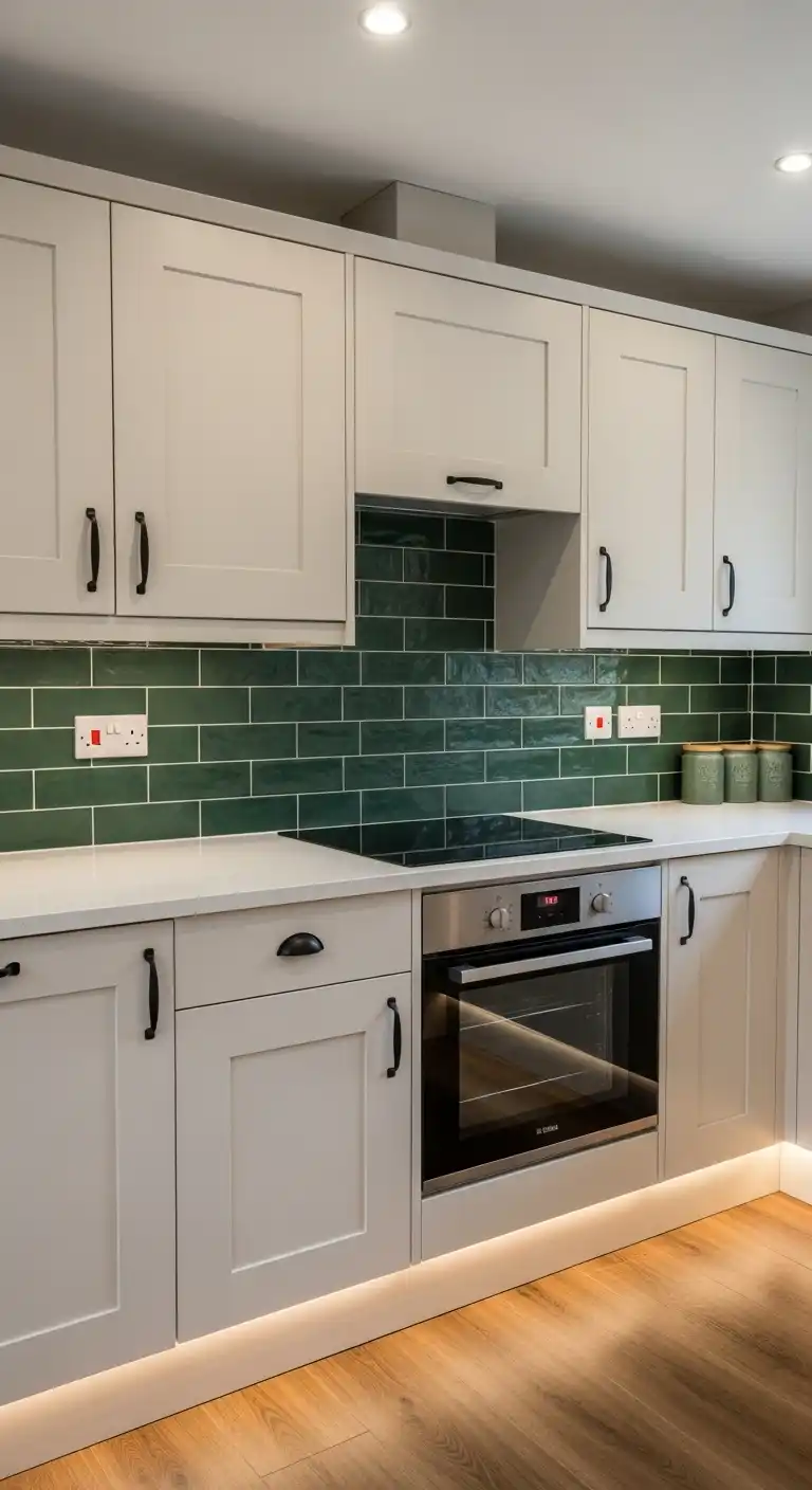 9) Cream Cabinets with Dark Green Backsplash
