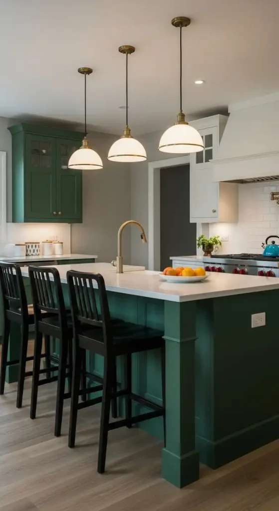 9. Dark Green Kitchen Island with Pendant Lighting