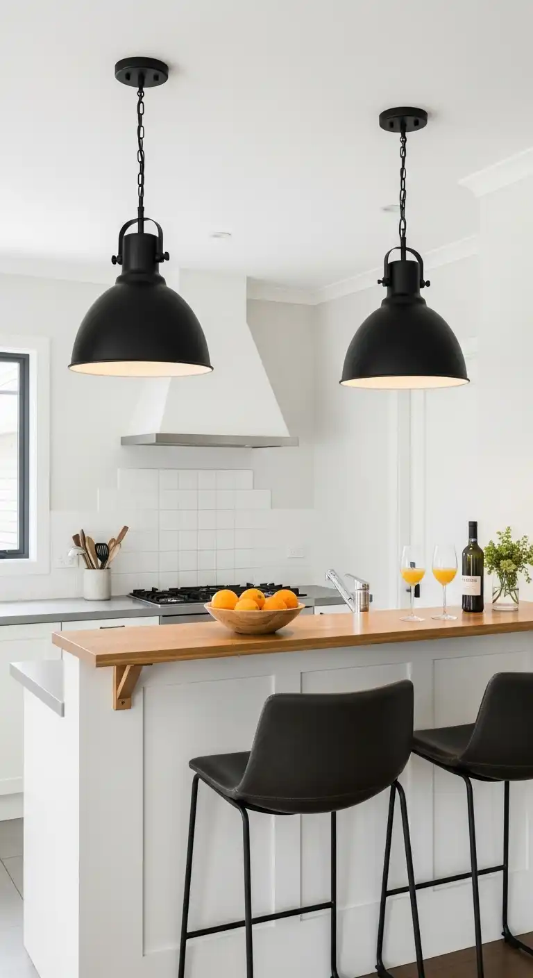 Black pendant lamps over white breakfast bar