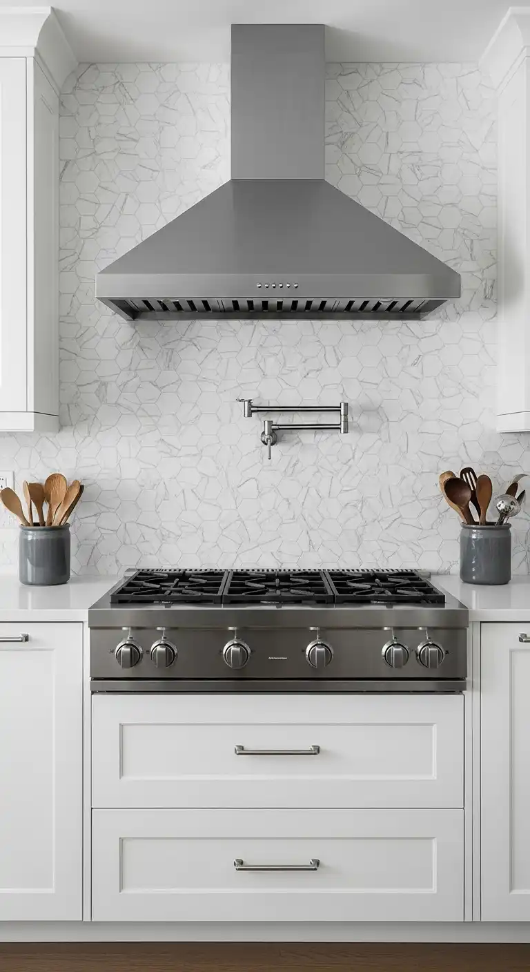 Bold black and white geometric backsplash
