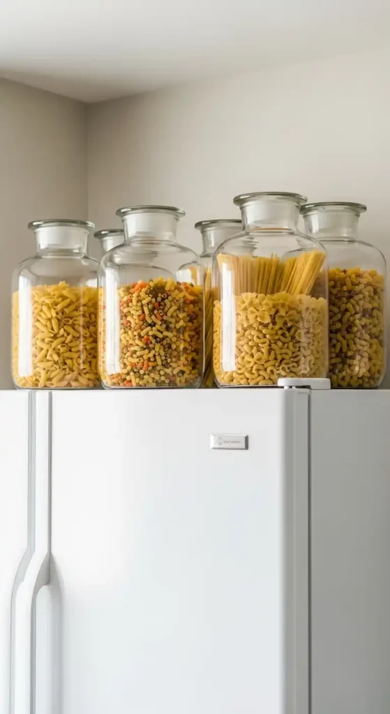 Large clear apothecary jars with pasta