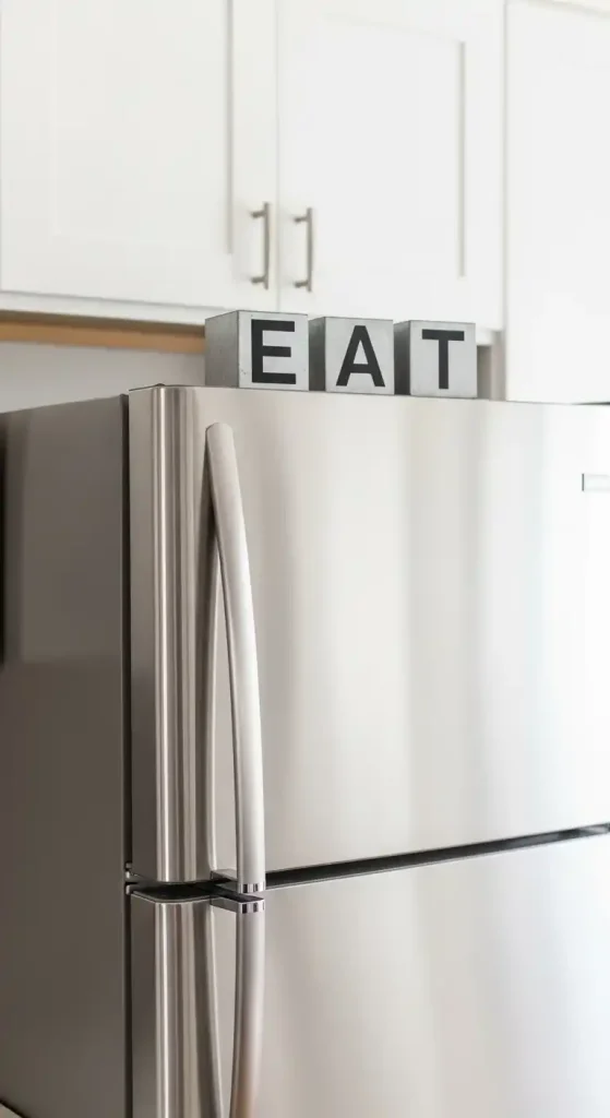 Metal letter blocks spelling 'EAT'