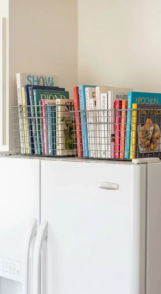 Metal wire baskets holding cookbooks