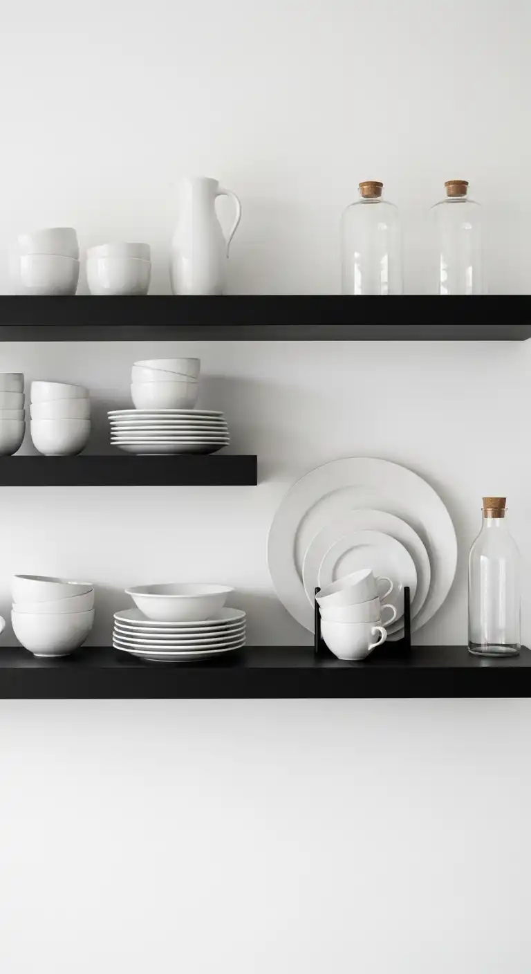Minimalist black shelves with white ceramics