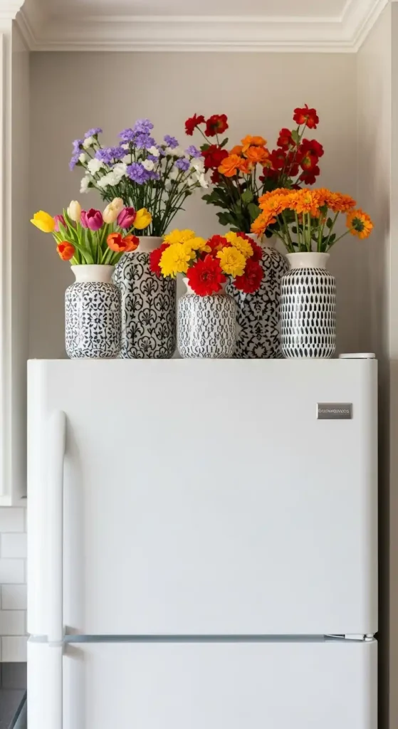 Patterned ceramic vases with seasonal flowers