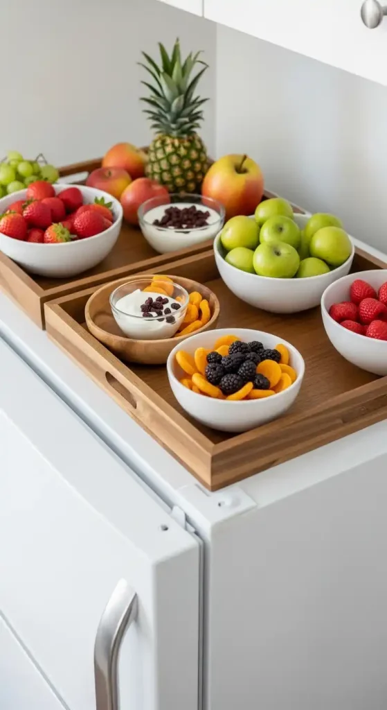 Seasonal fruit bowls in wooden trays