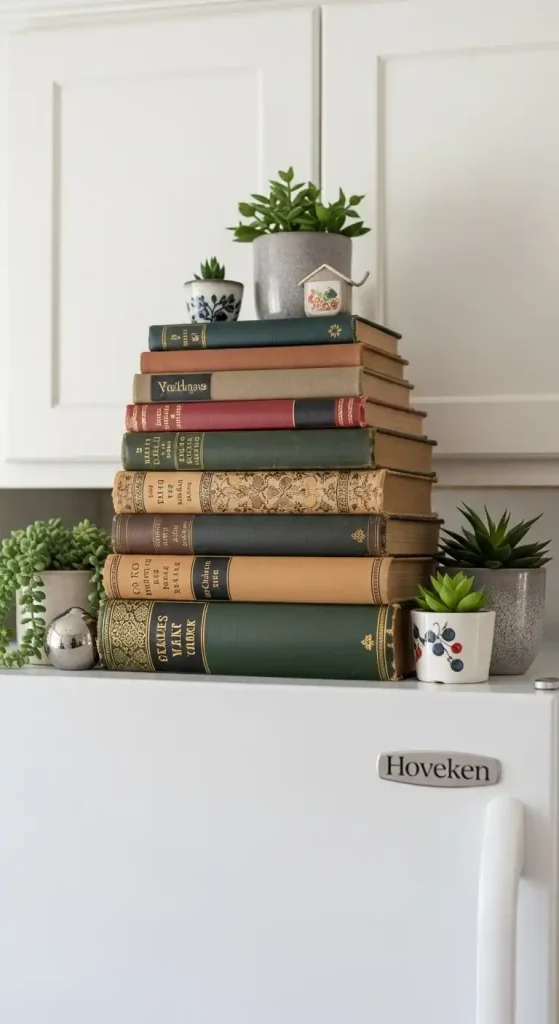 Stacked antique cookbooks as stylish risers