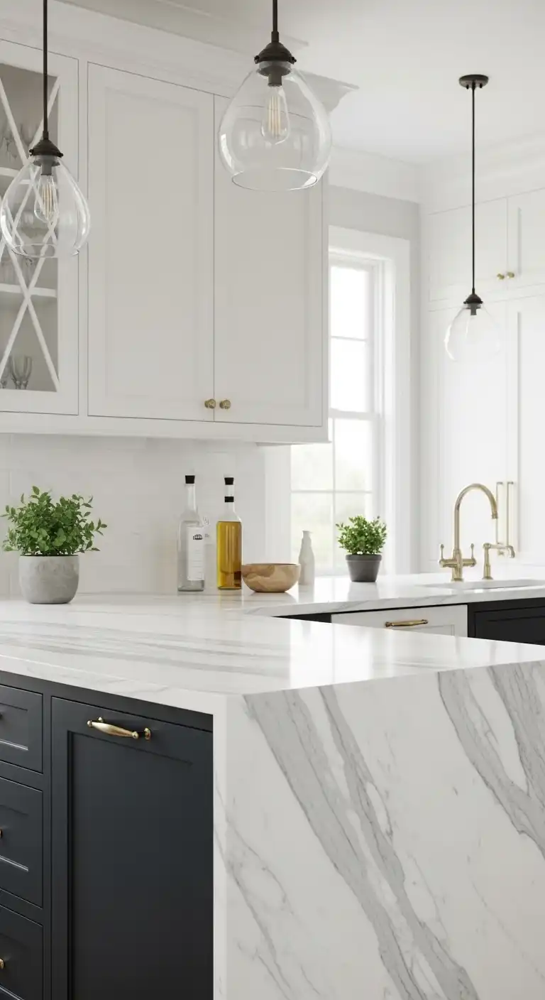White marble countertops with subtle gray veining