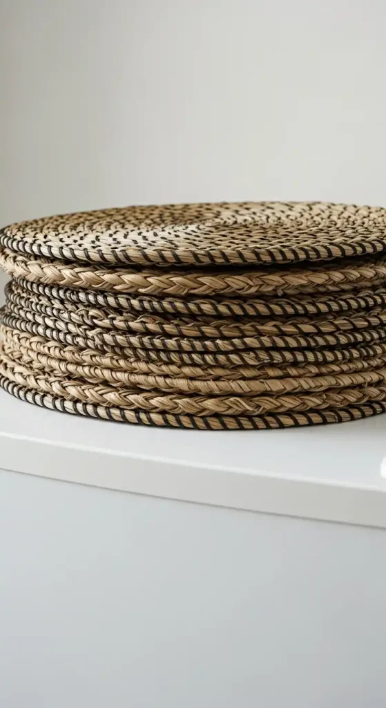 Woven seagrass placemats stacked neatly