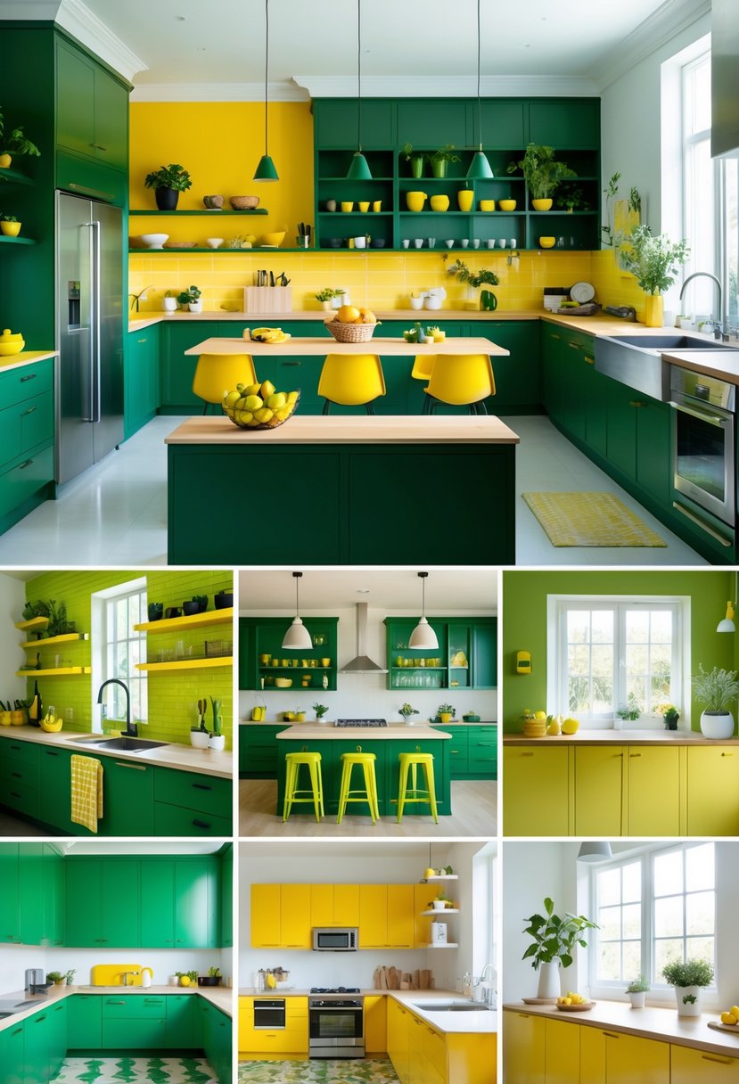 A collage of seven kitchens featuring green and yellow color schemes with cabinets, countertops, and decor in various combinations.
