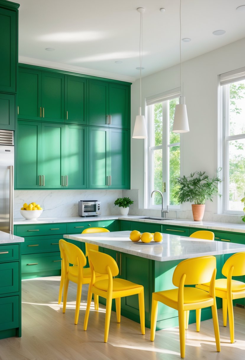 A modern kitchen with emerald green cabinets and seven yellow chairs around a white island.