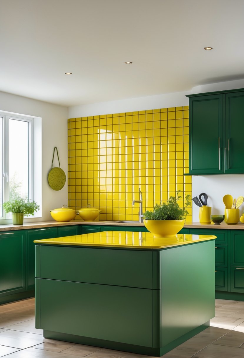 A kitchen with a hunter green island and a yellow tile backsplash, featuring green and yellow accents and natural light.