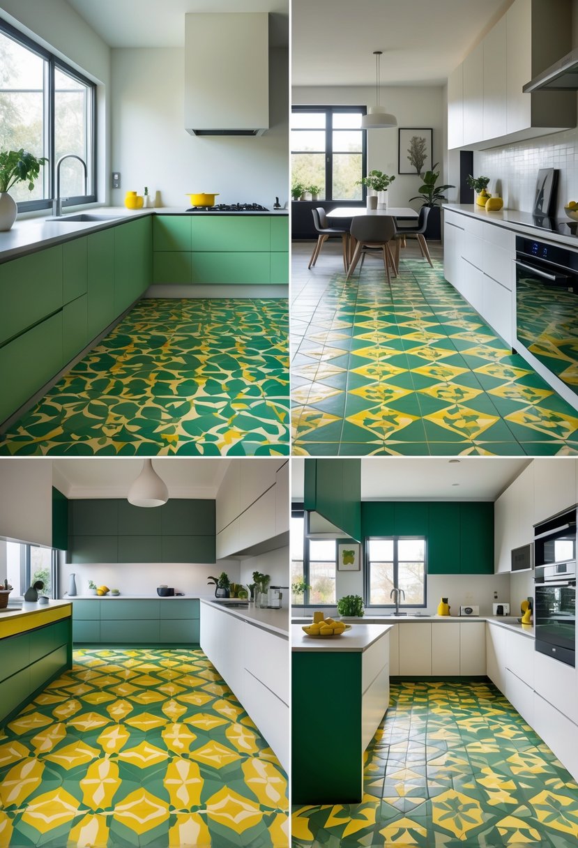 A kitchen interior with green and yellow geometric patterned tile flooring and modern furnishings.
