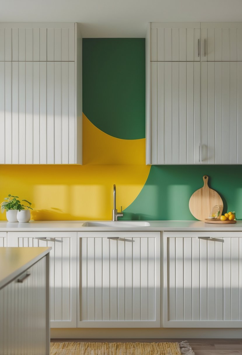 A kitchen with white beadboard cabinets and a green and yellow accent wall.