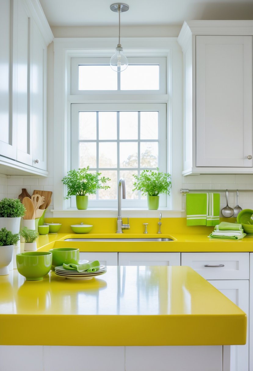 A modern kitchen with yellow countertops and green decorative accents, including plants and kitchen accessories.