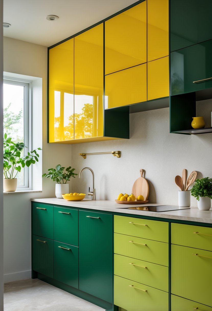 A bright kitchen with yellow and green cabinets, a light countertop, and natural light coming through a window.