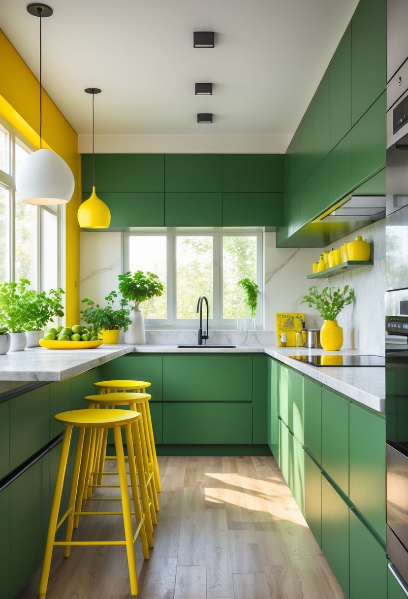 Modern kitchen with green cabinets and yellow accents, featuring plants, marble countertops, and natural light.
