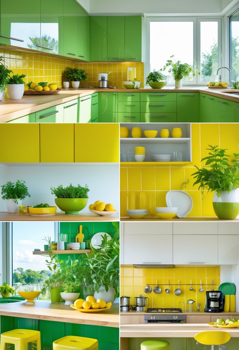 A modern kitchen with green cabinets, yellow accents, natural wood countertops, plants, and fresh lemons, brightly lit by sunlight.