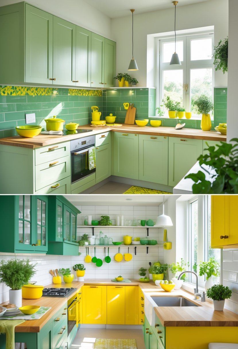 A modern kitchen with green and yellow cabinets, countertops, and kitchen accessories, filled with natural light and plants.