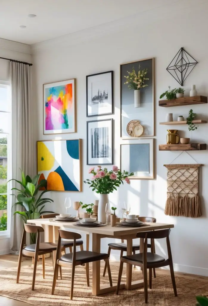 A dining room with a table and seven different types of wall decorations