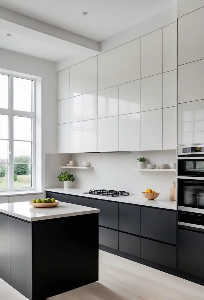 A bright modern kitchen with black lower cabinets and white upper cabinets, featuring a kitchen island and stainless steel appliances.