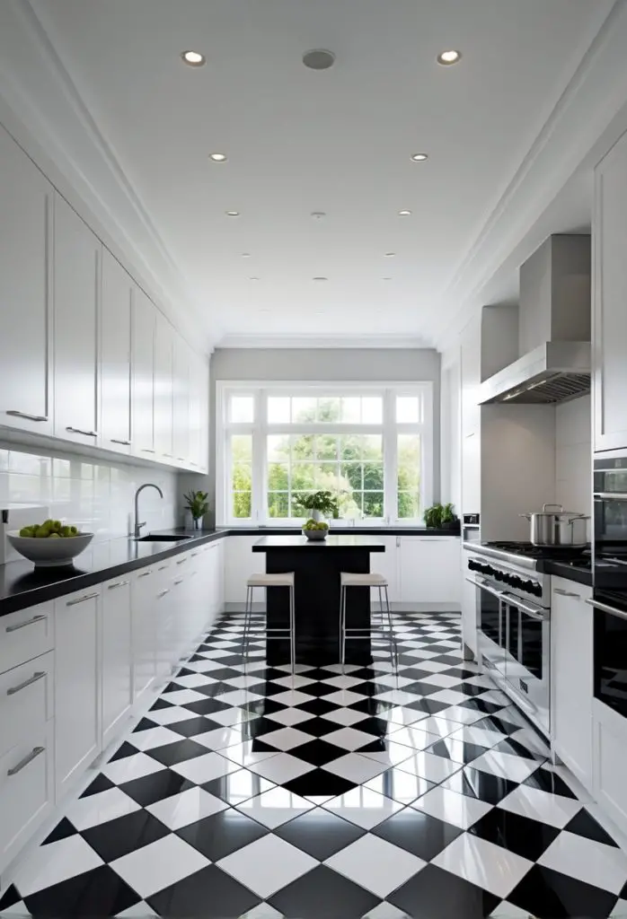 A modern kitchen with black and white checkerboard floor tiles, white cabinets, black countertops, and stainless steel appliances.