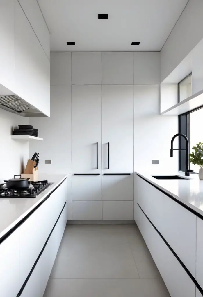 A modern kitchen with white cabinets and matte black handles, bright and clean with stainless steel appliances.