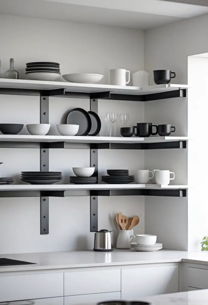 Open kitchen shelves with black metal brackets holding black and white dishes and kitchen items.