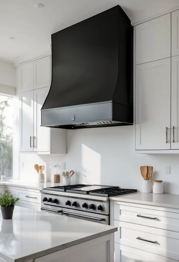 A modern kitchen with a custom black range hood replacing upper cabinets above a stovetop in a black and white setting.