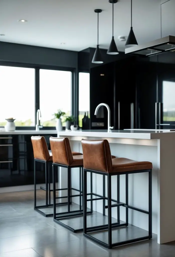 A kitchen with black cabinets, white countertops, and brown leather stools at a kitchen island.