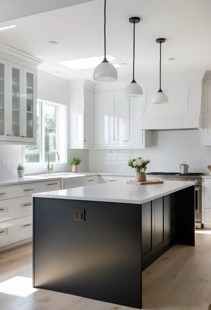 A bright kitchen with glossy white cabinets and a matte black island in the center.