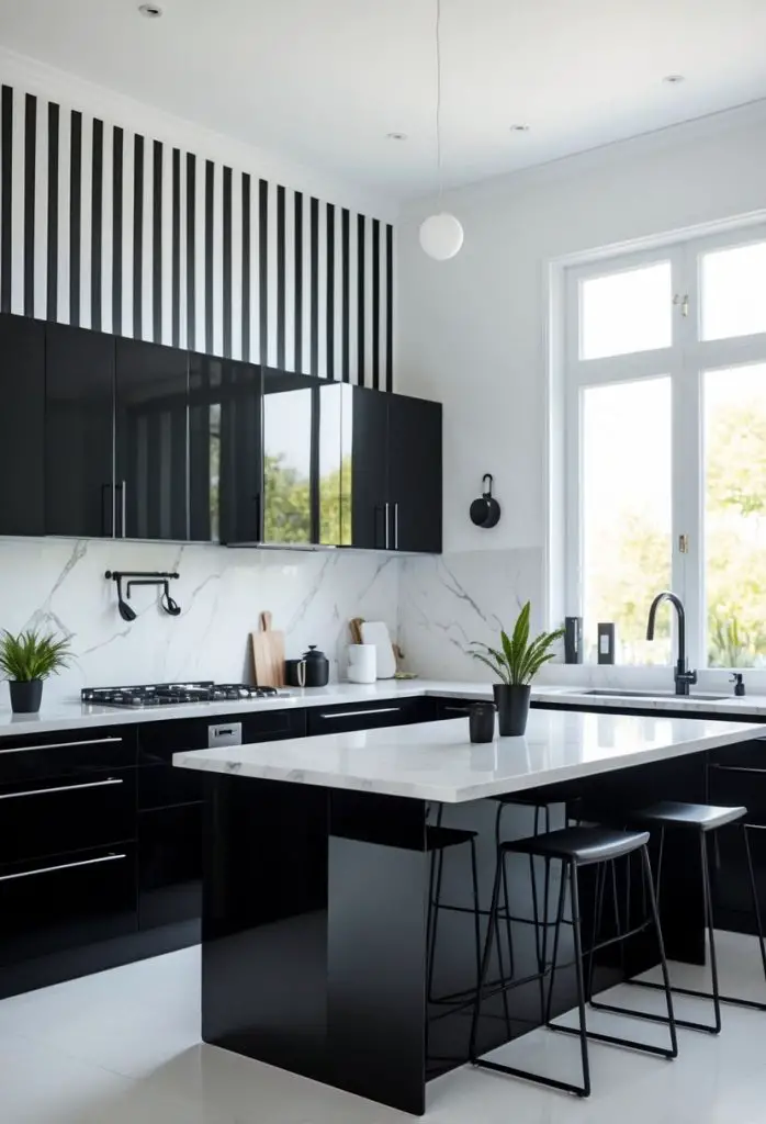 A modern kitchen with black and white striped wallpaper, black and white cabinets, a white countertop, and stainless steel appliances.