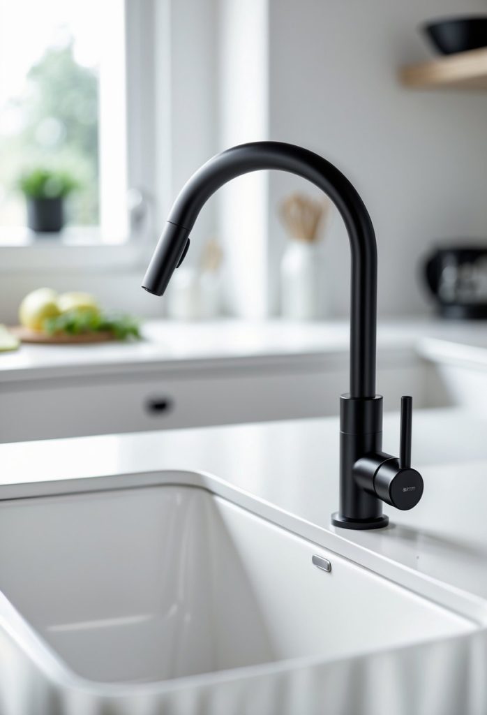 A black kitchen faucet mounted on a white kitchen sink in a modern kitchen setting.