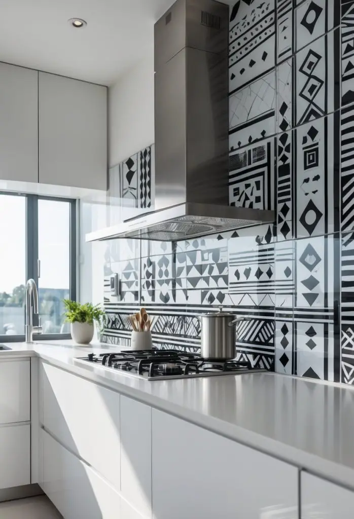 Modern kitchen with a glass backsplash featuring black and white patterned designs, white cabinets, and stainless steel appliances.