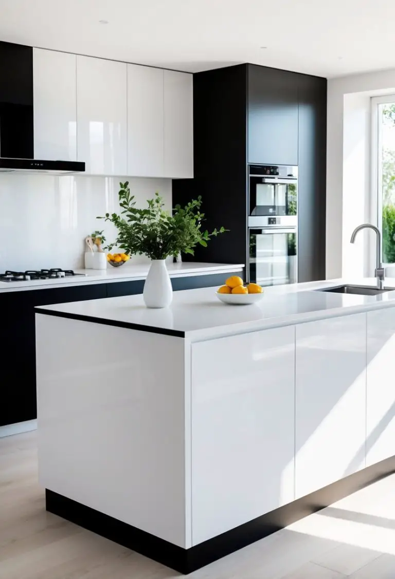 A bright kitchen with a white island and black base surrounded by black and white cabinets and appliances.