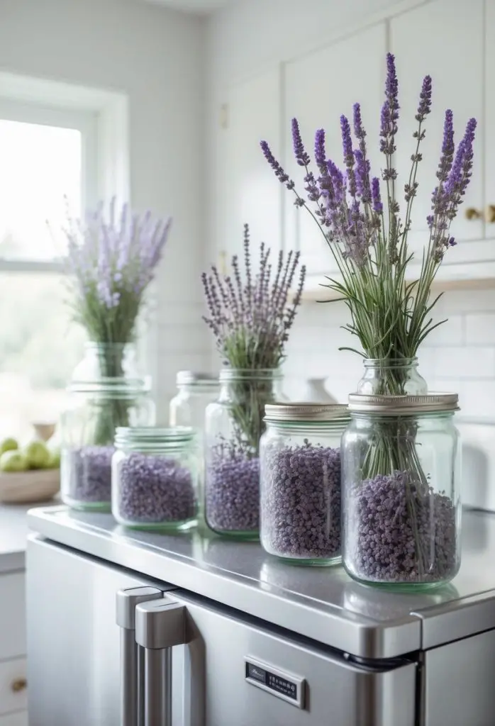 Vintage glass jars filled with dried lavender