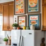 A kitchen with a white refrigerator topped with several framed vintage kitchen advertisements and small decorative items.