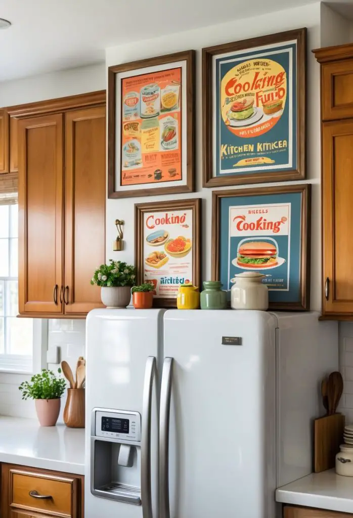 A kitchen with a white refrigerator topped with several framed vintage kitchen advertisements and small decorative items.