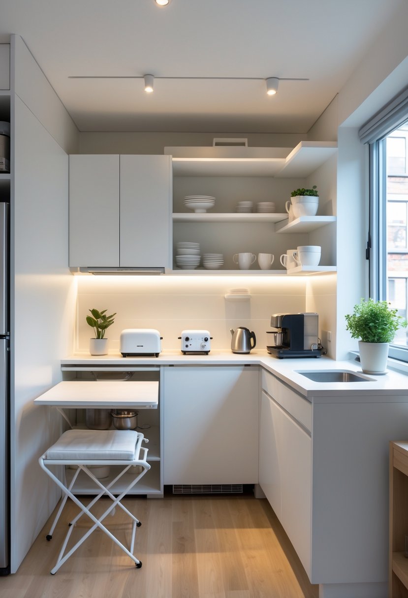 A small apartment kitchen with space-saving furniture, wall shelves, compact appliances, and natural light coming through a window.