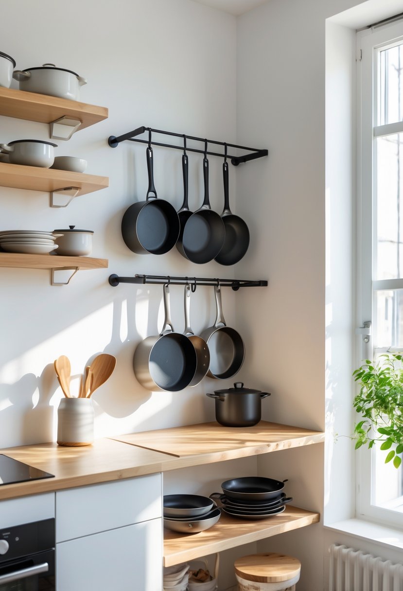 Small apartment kitchen with pots and pans hanging on a wall-mounted rack above the countertop.