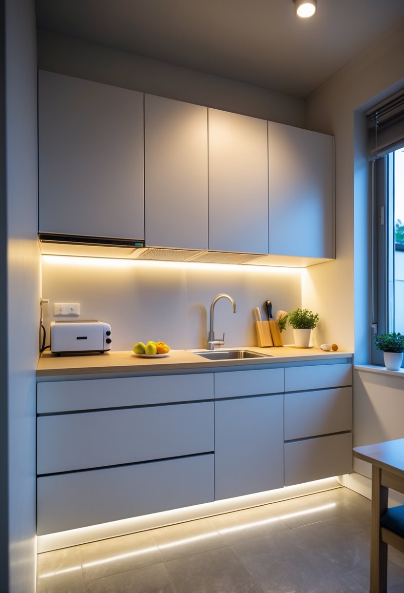 A small kitchen with under-cabinet lighting illuminating the countertop and organized cooking area.
