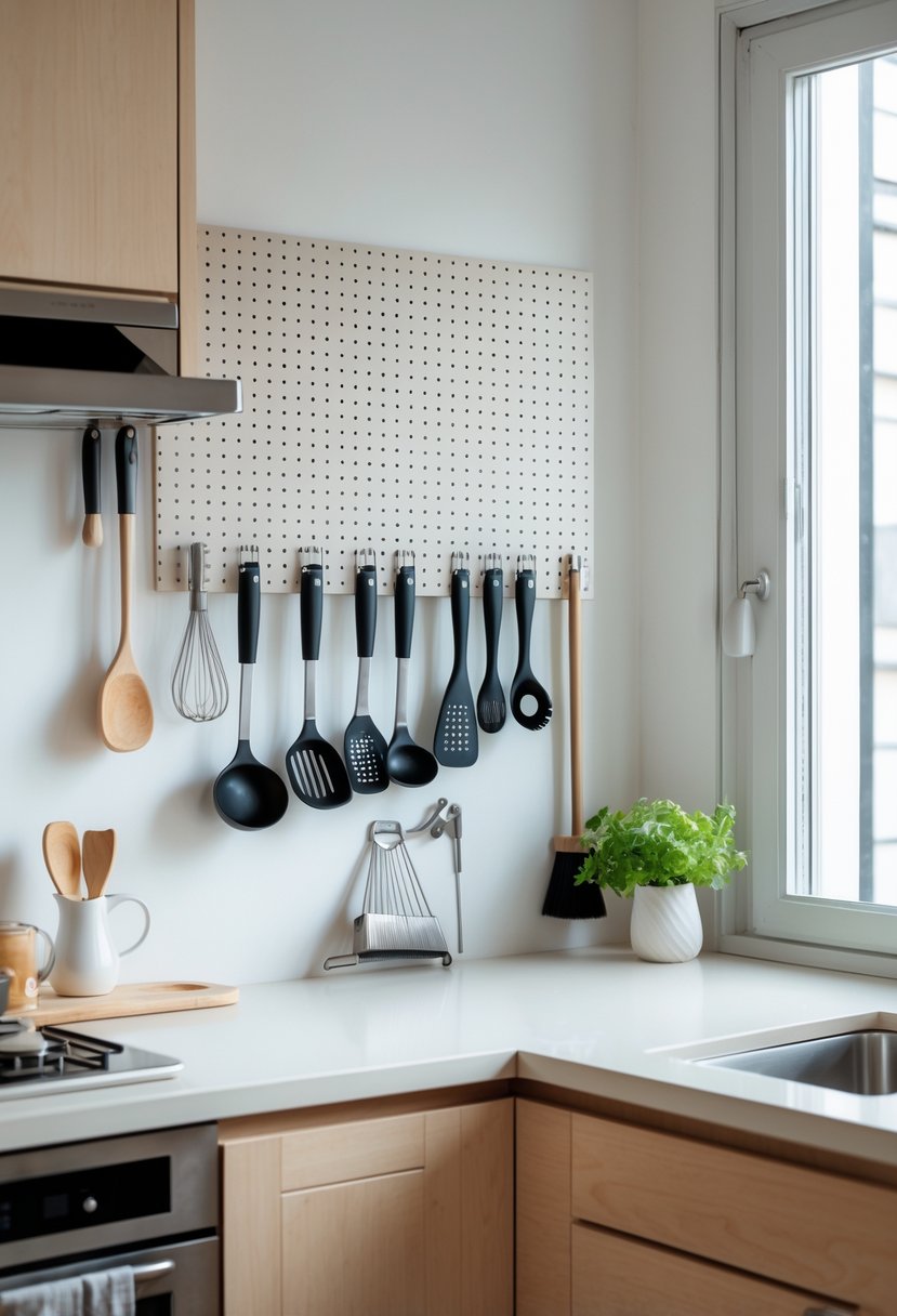 A small kitchen with a pegboard on the wall holding hanging kitchen utensils and cleaning tools above the countertop.