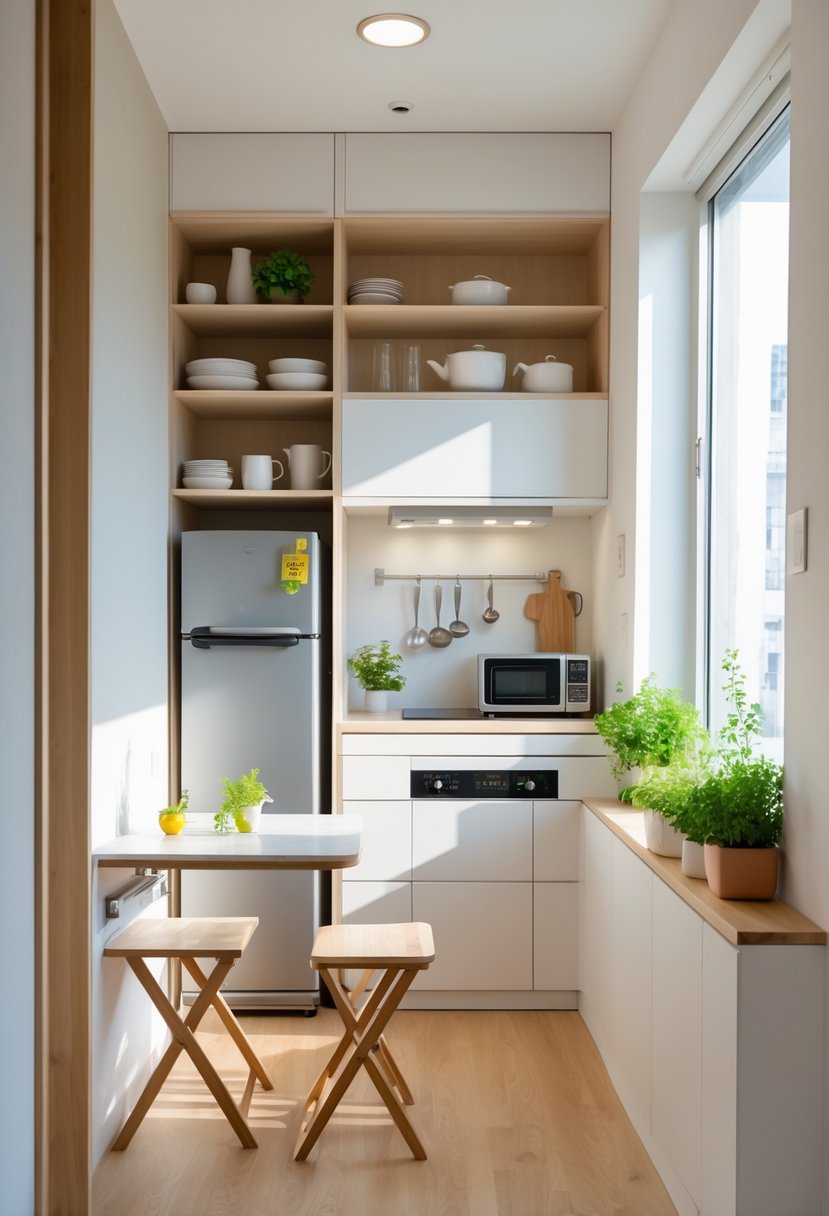 A small, bright kitchen in an apartment with compact furniture, wall shelves, built-in appliances, and natural light.