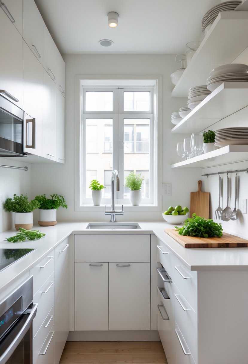 A small, organized kitchen in an apartment with white cabinets, stainless steel appliances, and natural light coming through a window.