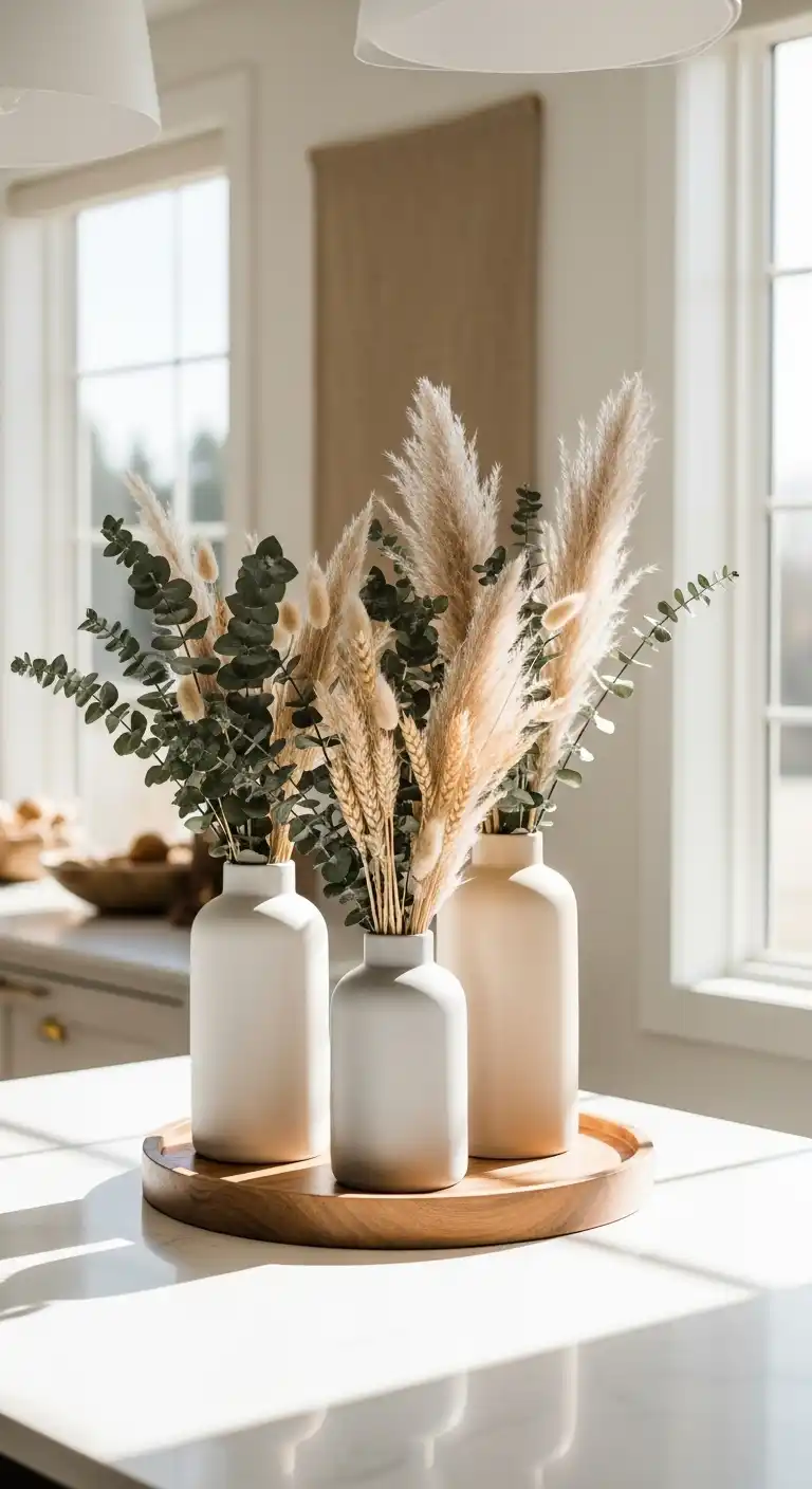 1) Neutral Ceramic Vases with Dried Botanicals